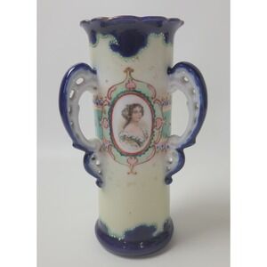 Antique NPSK Nippon 3 Handle Portrait Vase Cobalt Hand Painted Porcelain Japan